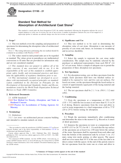 ASTM C1195-2021Standard Test Method for Absorption of Architectural Cast Stone