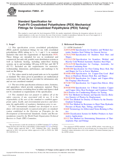 ASTM F2854-2021Standard Specification for Push-Fit Crosslinked Polyethylene (PEX) Mechanical Fittings for Crosslinked Polyethylene (PEX) Tubing