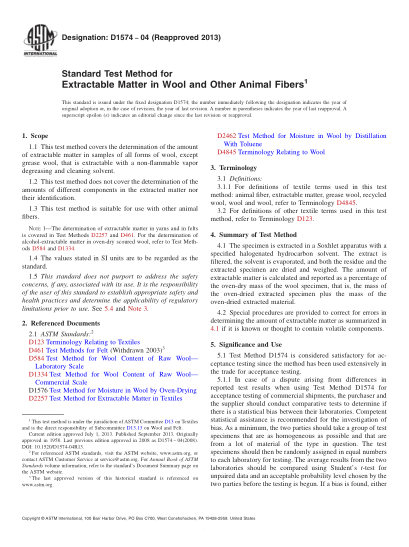 ASTM D1574-2004(2013)Standard Test Method for Extractable Matter in Wool and Other Animal Fibers