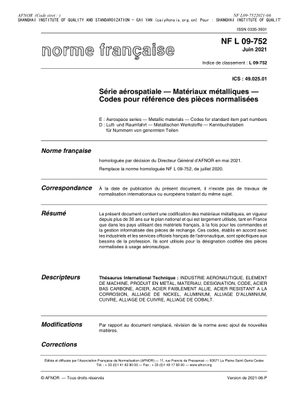 NF L09-752-2021Aerospace series - Metallic materials - Codes for standard item part numbers