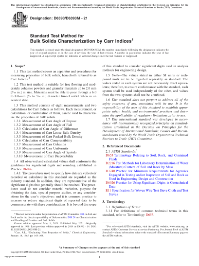 ASTM D6393/D6393M-2021Standard Test Method for Bulk Solids Characterization by Carr Indices