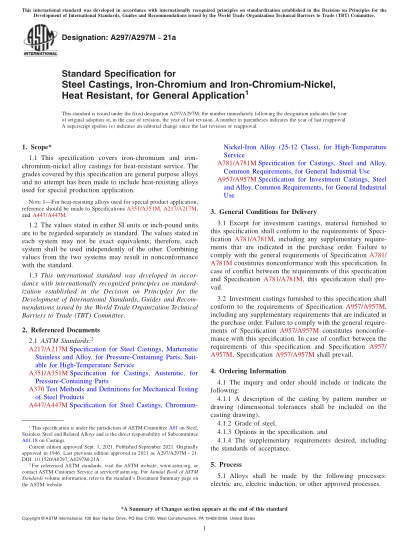 ASTM A297/A297M-2021aStandard Specification for Steel Castings, Iron-Chromium and Iron-Chromium-Nickel, Heat Resistant, for General Application