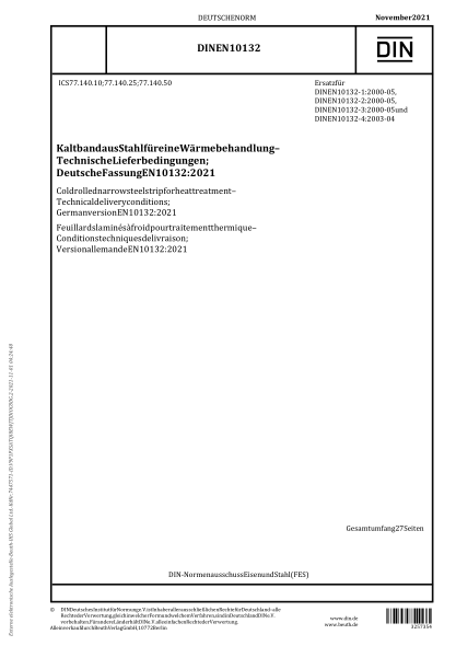 DIN EN 10132-2021Cold rolled narrow steel strip for heat treatment - Technical delivery conditions; German version EN 10132:2021
