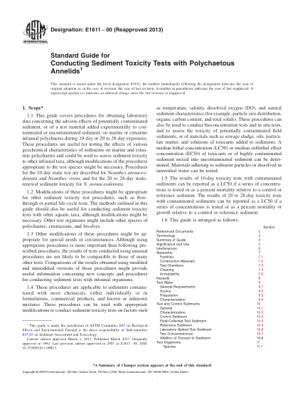 ASTM E1611-2000(2013)用海灣多毛類環(huán)節(jié)動物實(shí)施沉積物毒性測試的指南Standard Guide for Conducting Sediment Toxicity Tests with Polychaetous Annelids