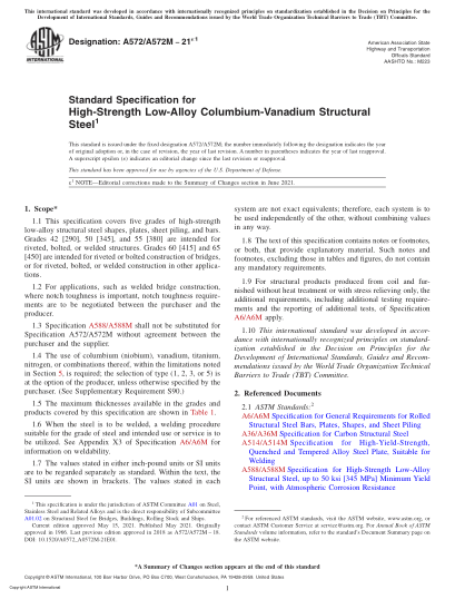 ASTM A572/A572M-2021e1Standard Specification for High-Strength Low-Alloy Columbium-Vanadium Structural Steel