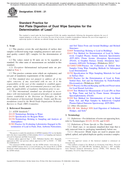 ASTM E1644-2021Standard Practice for Hot Plate Digestion of Dust Wipe Samples for the Determination of Lead