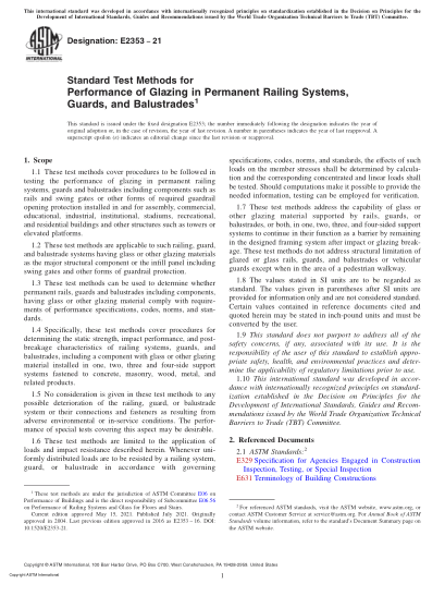ASTM E2353-2021Standard Test Methods for Performance of Glazing in Permanent Railing Systems, Guards, and Balustrades