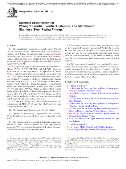 ASTM A815/A815M-2021Standard Specification for Wrought Ferritic, Ferritic/Austenitic, and Martensitic Stainless Steel Piping Fittings