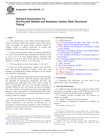 ASTM A501/A501M-2021Standard Specification for Hot-Formed Welded and Seamless Carbon Steel Structural Tubing