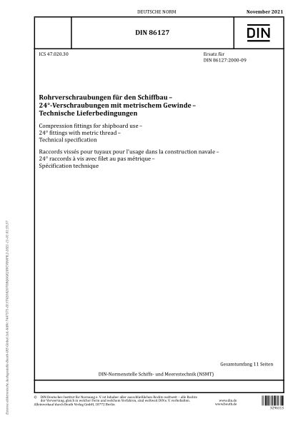 DIN 86127-2021Compression fittings for shipboard use - 24° fittings with metric thread - Technical specification