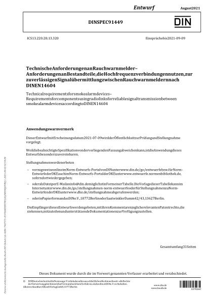 DIN SPEC 91449-2021Technical requirements for smoke alarm devices - Requirements for components using radio links for reliable signal transmission between smoke alarm devices according to DIN EN 14604