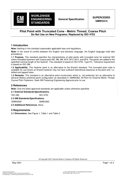 GMW 3314-2021Pilot Point With Truncated Cone - Metric Thread, Coarse Pitch (Issue 5; English; Do Not Use On New Programs)