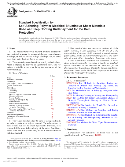 ASTM D1970/D1970M-2021Standard Specification for Self-Adhering Polymer Modified Bituminous Sheet Materials Used as Steep Roofing Underlayment for Ice Dam Protection