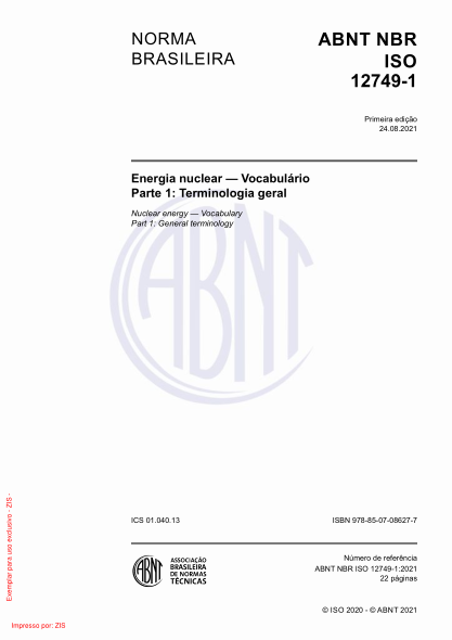 ABNT NBR ISO 12749-1-2021Nuclear energy - Vocabulary Part 1: General terminology