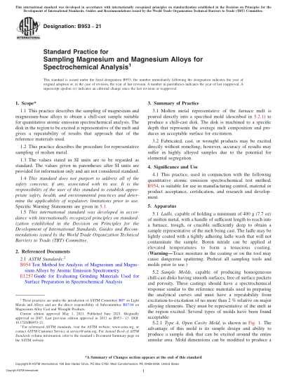 ASTM B953-2021Standard Practice for Sampling Magnesium and Magnesium Alloys for Spectrochemical Analysis
