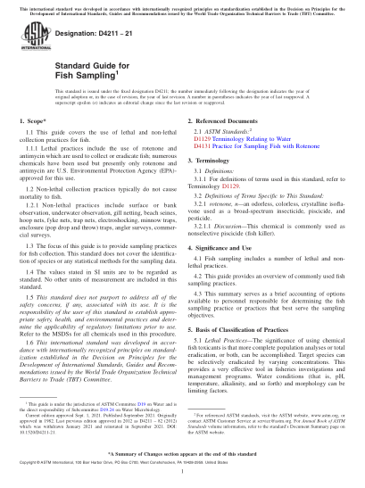 ASTM D4211-2021魚類取樣標(biāo)準(zhǔn)指南Standard Guide for Fish Sampling