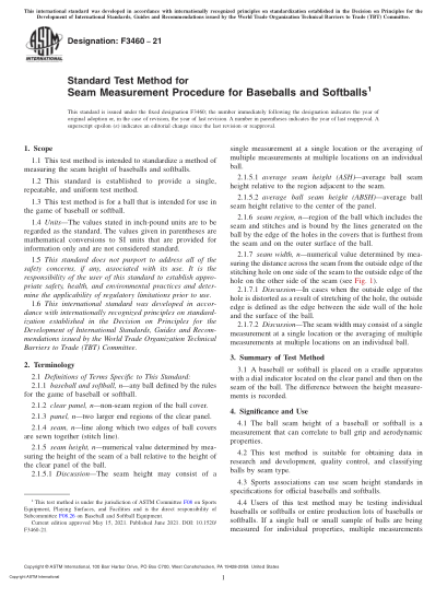 ASTM F3460-2021棒球和壘球接縫測量的標準試驗方法Standard Test Method for Seam Measurement Procedure for Baseballs and Softballs