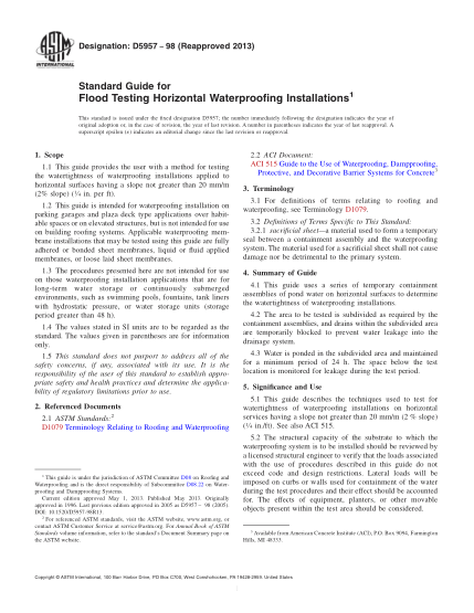 ASTM D5957-1998(2013)Standard Guide for Flood Testing Horizontal Waterproofing Installations