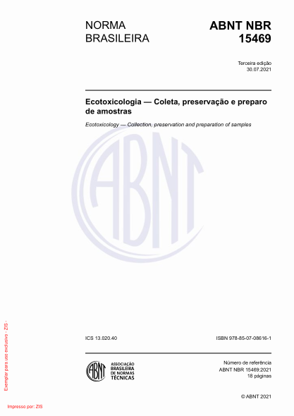 ABNT NBR 15469-2021Ecotoxicology — Collection, preservation and preparation of samples