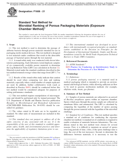 ASTM F1608-2021Standard Test Method for Microbial Ranking of Porous Packaging Materials (Exposure Chamber Method)
