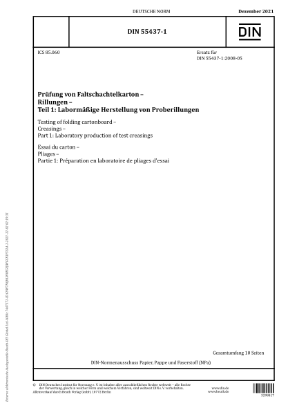 DIN 55437-1-2021Testing of folding cartonboard - Creasings - Part 1: Laboratory production of test creasings