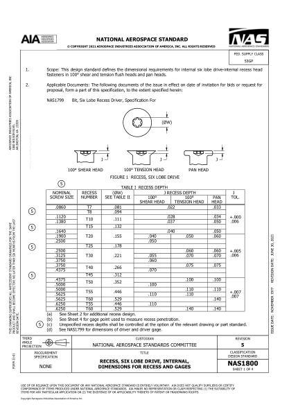 AIA/NAS NAS1800-2021Recess, Six Lobe Drive, Internal, Dimensions For Recess And Gages (Rev 5)