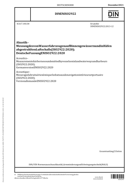 DIN EN ISO 2922-2021Acoustics - Measurement of airborne sound emitted by vessels on inland waterways and harbours (ISO 2922:2020); German version EN ISO 2922:2020