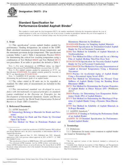 ASTM D6373-2021aStandard Specification for Performance-Graded Asphalt Binder