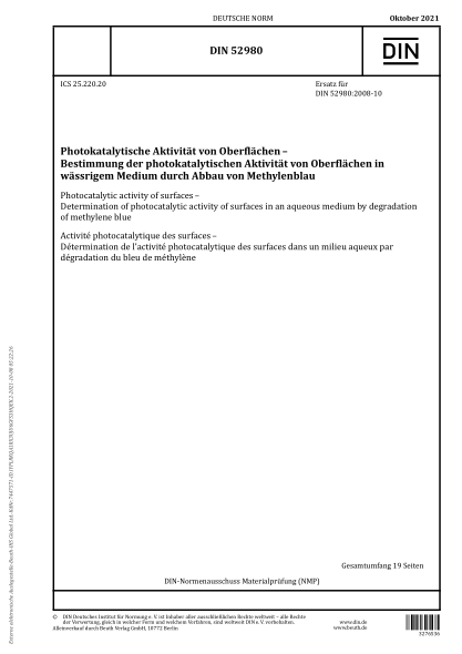 DIN 52980-2021Photocatalytic activity of surfaces - Determination of photocatalytic activity of surfaces in an aqueous medium by degradation of methylene blue
