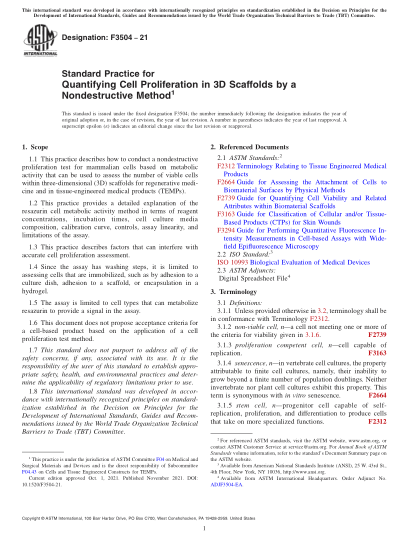 ASTM F3504-2021用非破壞性方法在三維支架中進行細胞增殖定量的標準實施規(guī)范Standard Practice for Quantifying Cell Proliferation in 3D Scaffolds by a Nondestructive Method