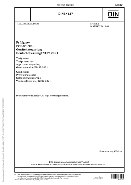 DIN EN 437-2021Test gases - Test pressures - Appliance categories; German version EN 437:2021