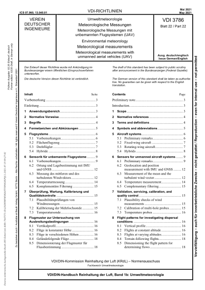 VDI 3786 Blatt 22-2021Environmental meteorology - Meteorological measurements - Meteorological measurements with unmanned aerial vehicles (UAV)