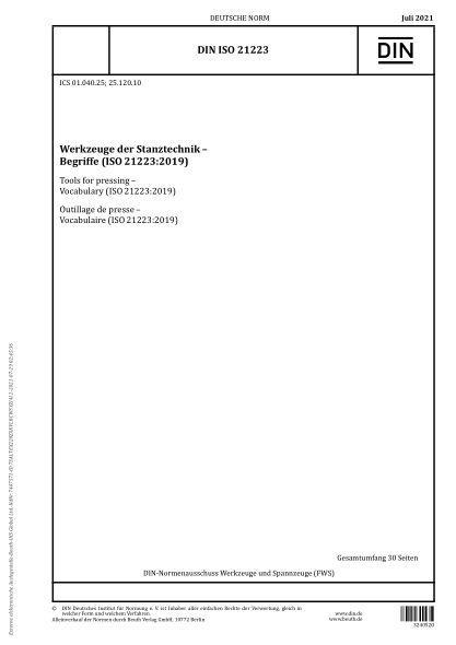 DIN ISO 21223-2021Tools for pressing - Vocabulary (ISO 21223:2019)