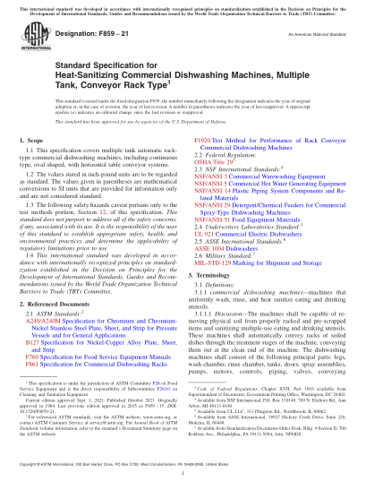 ASTM F859-2021Standard Specification for Heat-Sanitizing Commercial Dishwashing Machines, Multiple Tank, Conveyor Rack Type