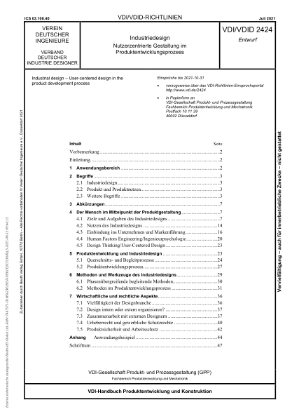 VDI/VDID 2424-2021Industrial design - User-centered design in the product development process