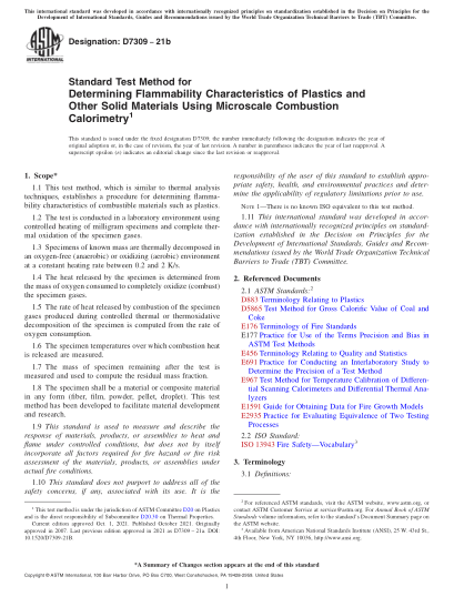 ASTM D7309-2021bStandard Test Method for Determining Flammability Characteristics of Plastics and Other Solid Materials Using Microscale Combustion Calorimetry