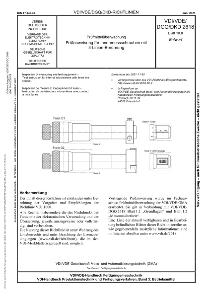 VDI/VDE/DGQ/DKD 2618 Blatt 10.8-2021Inspection of measuring and test equipment - Test instructions for internal micrometers with three-line-contact