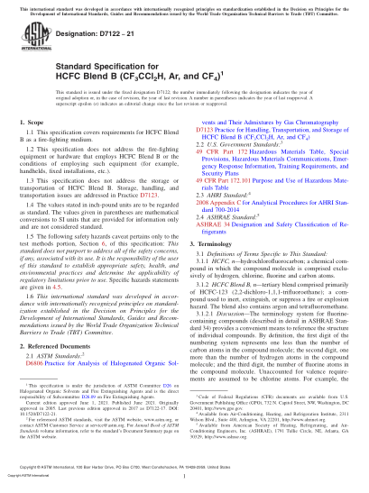 ASTM D7122-2021Standard Specification for HCFC Blend B (CF3CCl2H, Ar, and CF4)