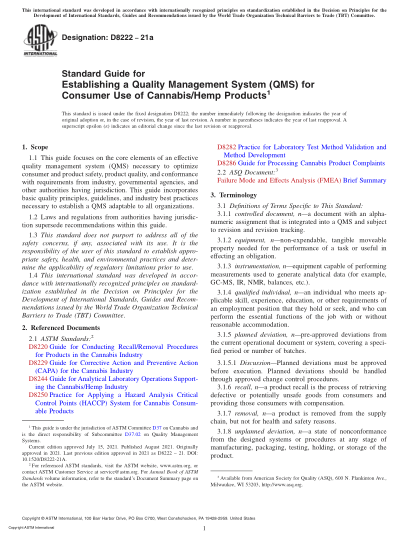 ASTM D8222-2021aStandard Guide for Establishing a Quality Management System (QMS) for Consumer Use of Cannabis/Hemp Products