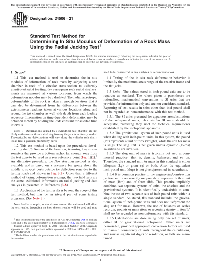 ASTM D4506-2021Standard Test Method for Determining In Situ Modulus of Deformation of a Rock Mass Using the Radial Jacking Test