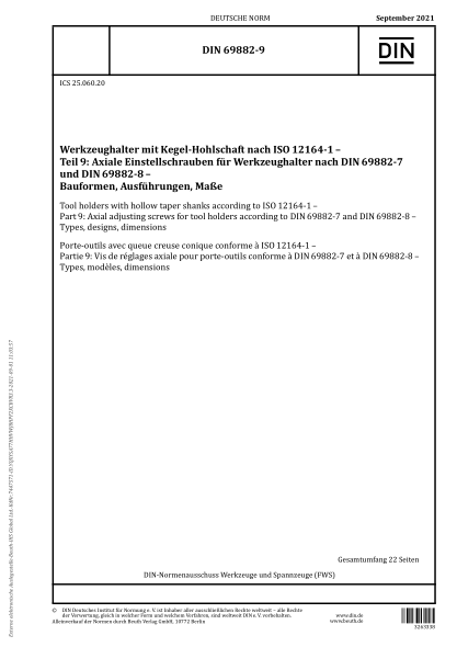 DIN 69882-9-2021Tool holders with hollow taper shanks according to ISO 12164-1 - Part 9: Axial adjusting screws for tool holders according to DIN 69882-7 and DIN 69882-8 - Types, designs, dimensions