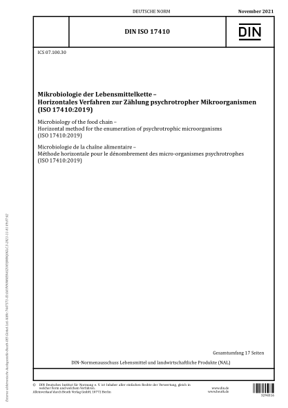 DIN ISO 17410-2021Microbiology of the food chain - Horizontal method for the enumeration of psychrotrophic microorganisms (ISO 17410:2019)