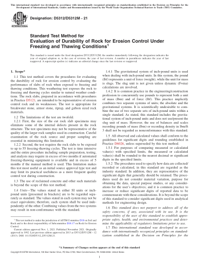 ASTM D5312/D5312M-2021Standard Test Method for Evaluation of Durability of Rock for Erosion Control Under Freezing and Thawing Conditions