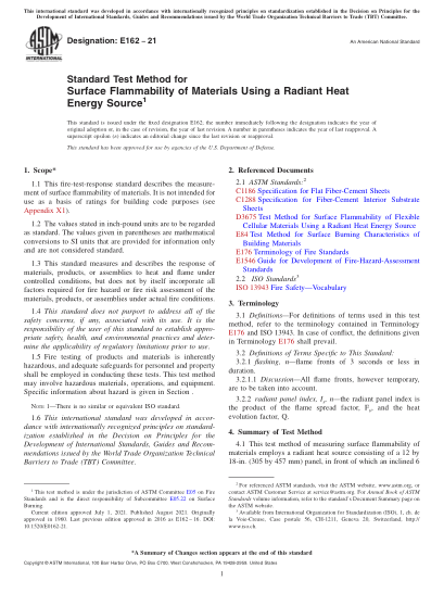 ASTM E162-2021Standard Test Method for Surface Flammability of Materials Using a Radiant Heat Energy Source