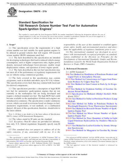 ASTM D8076-2021bStandard Specification for 100 Research Octane Number Test Fuel for Automotive Spark-Ignition Engines