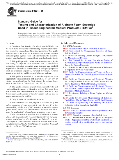 ASTM F3274-2021組織工程醫(yī)療產品(TEMPs)用海藻酸鹽泡沫支架的測試和測定Standard Guide for Testing and Characterization of Alginate Foam Scaffolds Used in Tissue-Engineered Medical Products (TEMPs)