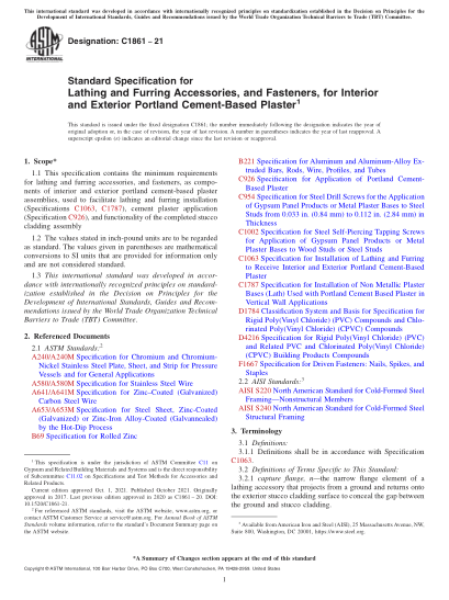 ASTM C1861-2021Standard Specification for Lathing and Furring Accessories, and Fasteners, for Interior and Exterior Portland Cement-Based Plaster
