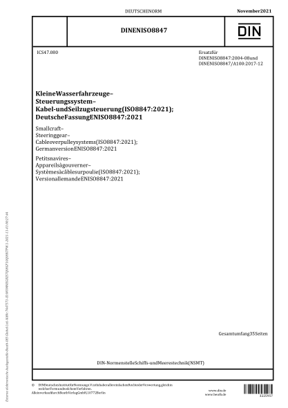 DIN EN ISO 8847-2021Small craft - Steering gear - Cable over pulley systems (ISO 8847:2021); German version EN ISO 8847:2021