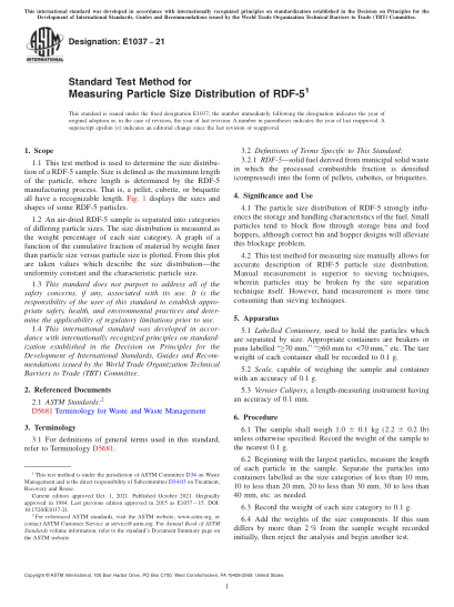 ASTM E1037-2021Standard Test Method for Measuring Particle Size Distribution of RDF-5