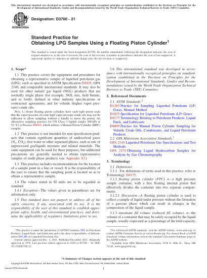 ASTM D3700-2021Standard Practice for Obtaining LPG Samples Using a Floating Piston Cylinder